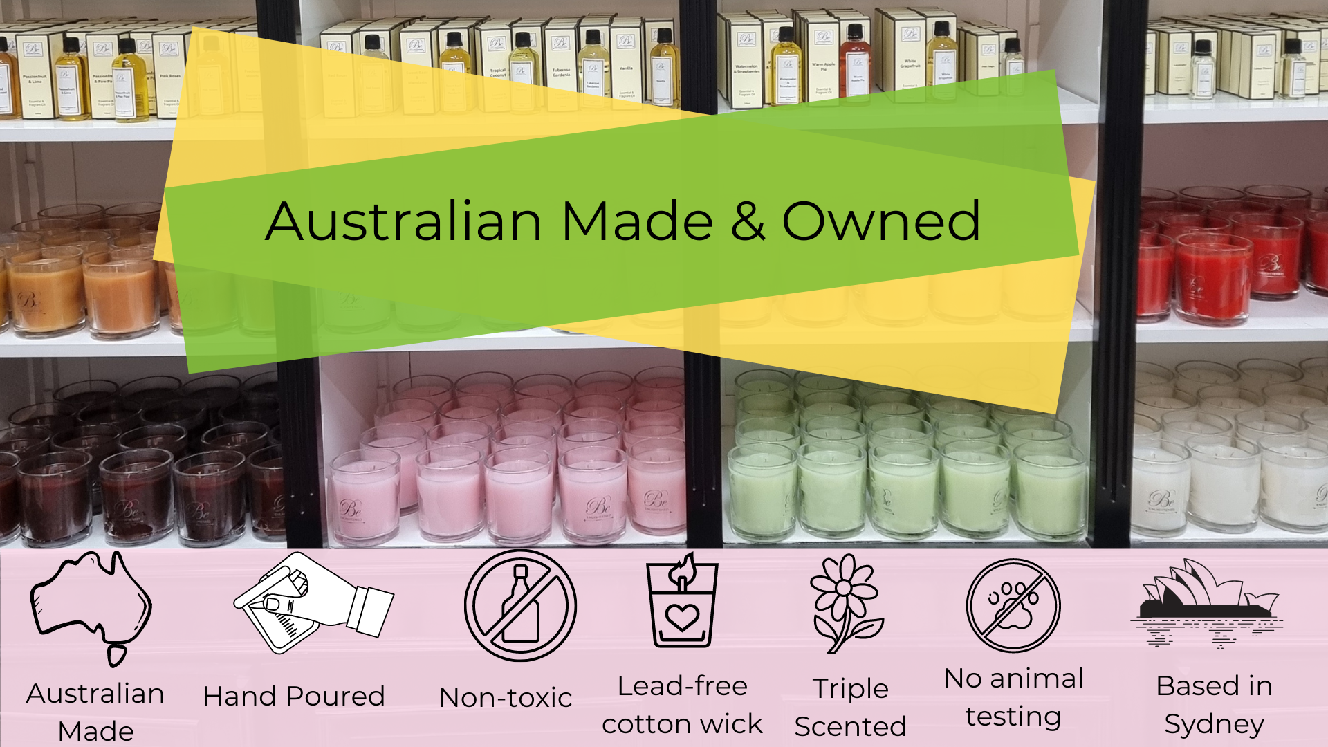 Colourful candles displayed with a green and gold overlay in the middle with the text 'Australian Made & Owned' At the bottom of the image shows an icon for Australian Made, Hand Poured, No Toxins, Aluminium free cotton wicks, triple scented, not tested on animals and Sydney based.